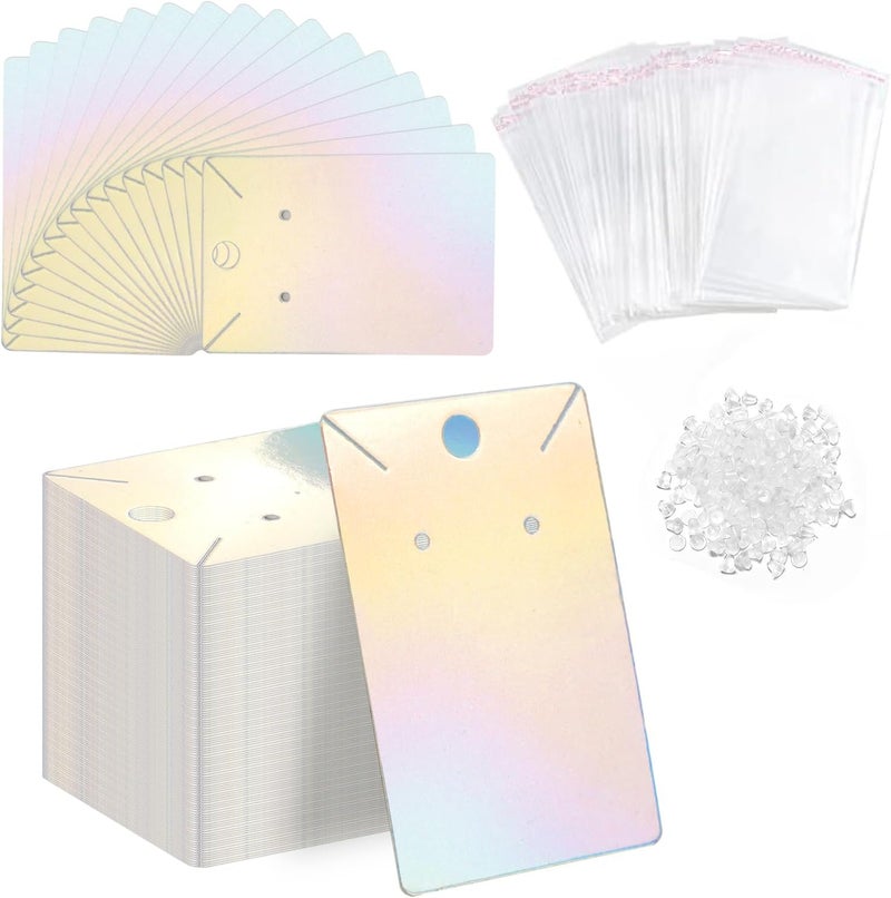 fuceury 150 pcs Holographic Earring Display Card Holder 300 Pcs Backs and 150 Jewelry Packaging Bags for Earring Necklace Jewelry Cards - Image 1